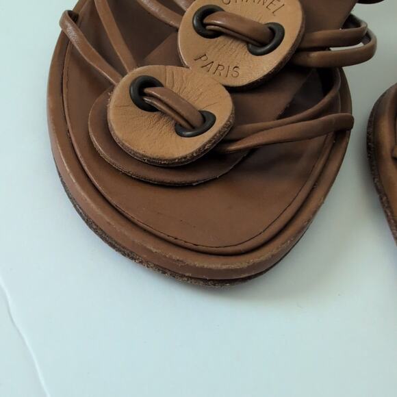 Auth Chanel Brown Leather Strappy Slides Heels Mules Sandals Spellout Size 37 - Picture 4 of 12